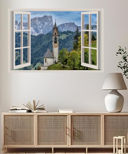 JVERF - JZZA23185 Italy Mountains Church La Valle Alps| Self-Adhesive Open Window Wall Sticker