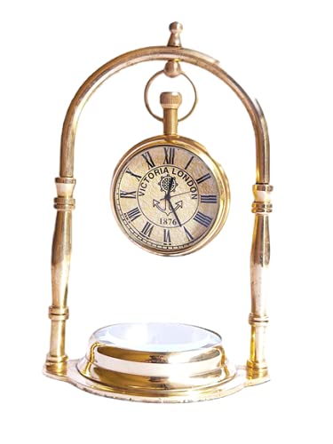 Ridhi Home Décor-Desk Clock Brass Compass with Antique Victoria London Pocket Watch