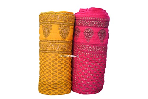 THROW KING Rajasthani Jaipuri Pure Organic Cotton Dabu/Floral Printed Skin Friendly Single Bed Jaipuri Razai/Rajai/Quilt/Blanket/Dohar(Yellow/Pink) Set of 2