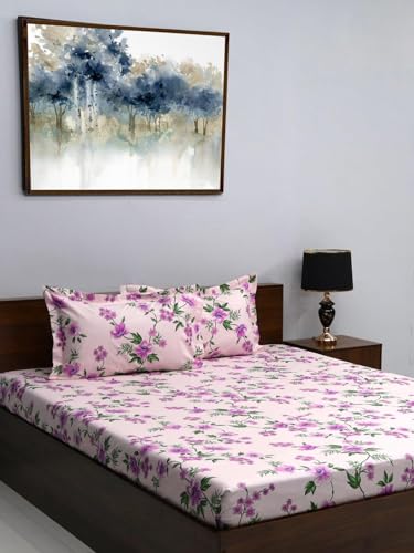 Bombay Dyeing King Size 180 TC 100% Cotton Bedsheet with 2 Pillow Cover- 525B Floral Collection - Size: 274cm x 274cm - 7505 Pink