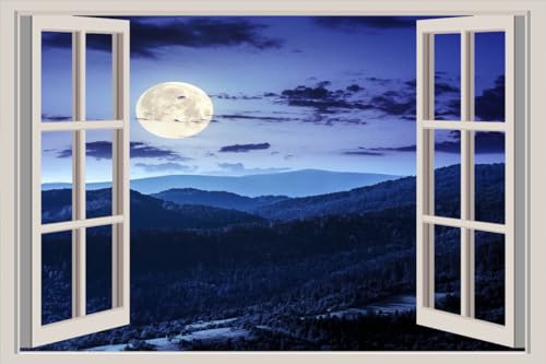 JVERF - JZZA28237 Sky Mountains Forests Night Moon Clouds| Self-Adhesive Open Window Wall Sticker