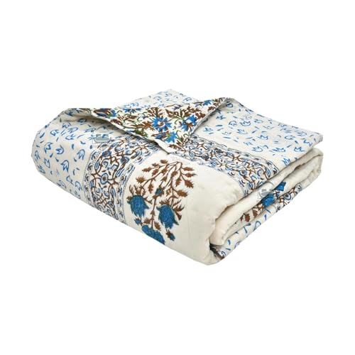 AARMOZY Cotton Jaipuri Razai Single Bed Hand Block Floral Buta Net Print Quilt/Rajai Blanket - Sky/Brown (Single Bed E)