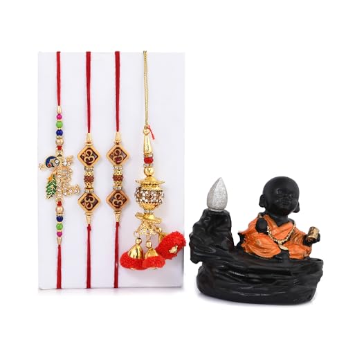 Collectible India Rakhi Gifts for Brother Combo Set - Rakshabandhan Gift for Brother - Monk Buddha Smoke Backflow Cone Incense Showpiece, Rudraksh Rakhi, Krishna Rakhi, Lumba Rakhi, Greeting Card