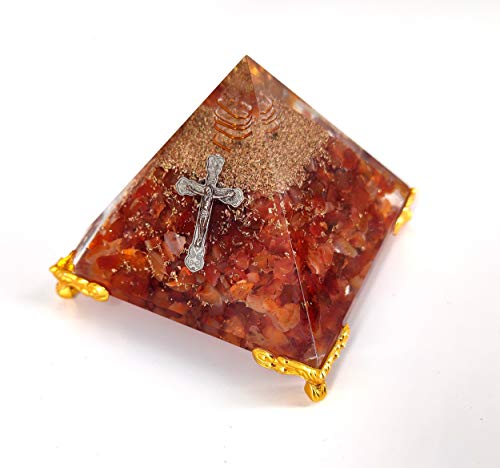 White Whale Red Carnelian Cross Orgone Pyramid Energy Generator Reiki Healing Crystal Chakra with Gold Stand Feng Shui Pyramid