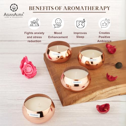 Asian Aura Scented Metal Jar Candle | Soy Blend Aroma Candle | Smokeless Scented Candle for Home Decor, Events, Relaxation & Gifting | Long-Lasting Jar Candle Pack of 4 (Copper, Sandalwood)