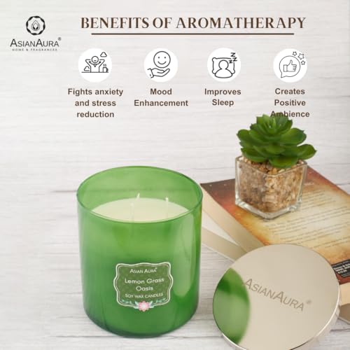 Asian Aura 3-Wick Soy Blend Aromatherapy Jar Candle | Smokeless Luxury Scented Candle for Home Decor, Events, Relaxation & Gifting | Long-Lasting Fragrance - Pack of 1 (Lemongrass)