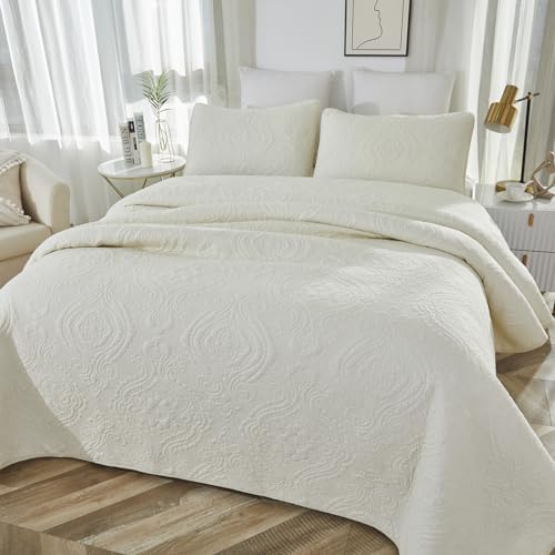 Brandream Quilt Set Cotton Queen King Size Bedspread Coverlet Set 100% Cotton Cream White Luxury Quilted Comforter Sets Damask Embroidery Lightweight