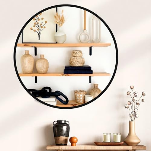 Black Round Wall Mirror I Metal Frame I Modern Design Metal Frame I Bathroom Wash Basin, Bedroom, Drawing Room (Black, 30")