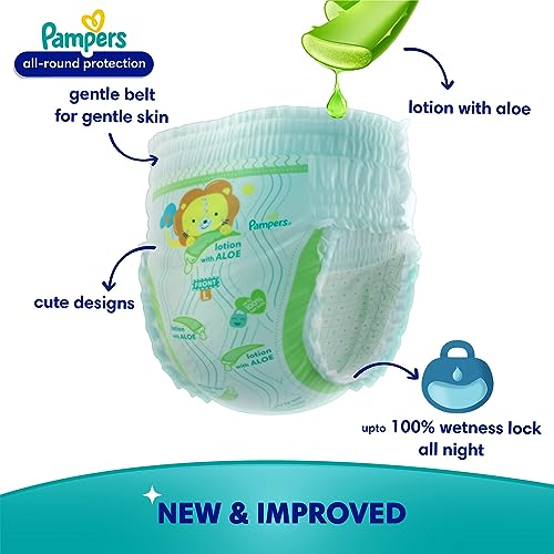 Pampers All round Protection Pants Style Baby Diapers, Large (L) Size, 128 Count, Anti Rash Blanket, Lotion with Aloe Vera, 9-14kg Diapers