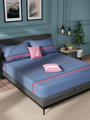 NAUTICA Super Soft 100% Cotton King Bedsheet and 2 Pillow Covers -3pc Set (northsail) Stripe-Blue/Black