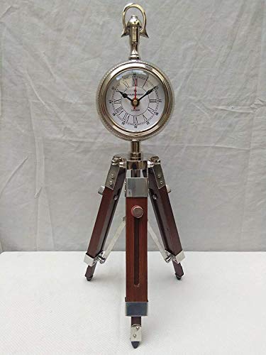 Relico Handicraft Wooden Tripod Table Stand Clock Steel Finish Antique Look Stylish Roman Clock for Home Living Room