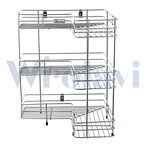 ZINBELL L Corner Shape Stand Triple Layer 3-Tier Stainless Steel Multipurpose Storage Rack/Shelf Rack for Dish Kitchen & Bathroom Polished Steel Finish (Silver, Corner Shelf)