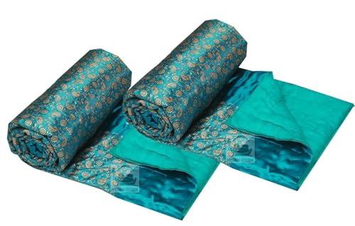 AARMOZY Cotton Filled Light Weight Silk Jaipuri AC Quilt/Razai Gold Print Jaipuriya Rajai/Razzai - (Floral, RAMA Green Single Bed Set of 2)