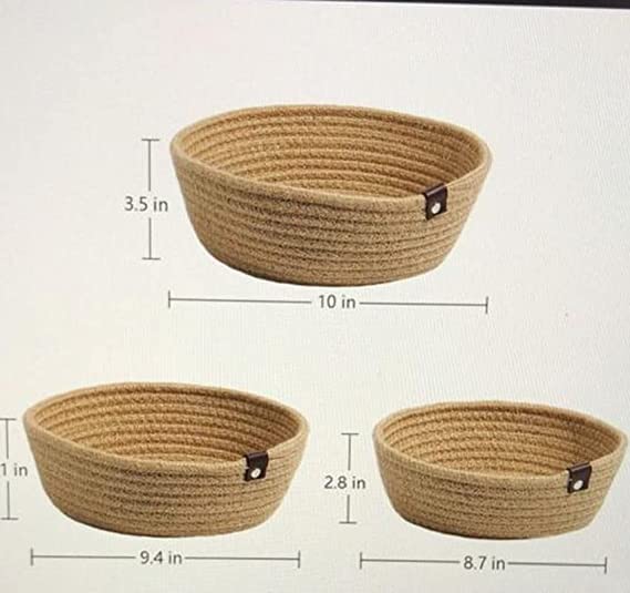 TAMAK EXPORTS 100% Natural Jute small box mini rope paper storage Round Beige basket brown hamper baby nursery tray bucket set of 3 for Living or Drawing Room,fruits, kitchen,office,shelfs