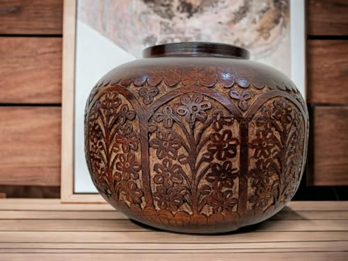 Taksha Decors Carved Wooden Vase | Traditional Indian Matka | Home Decor | Garden Decor | Teak Wood | Flower Vase | Carved Wood | 12 inches