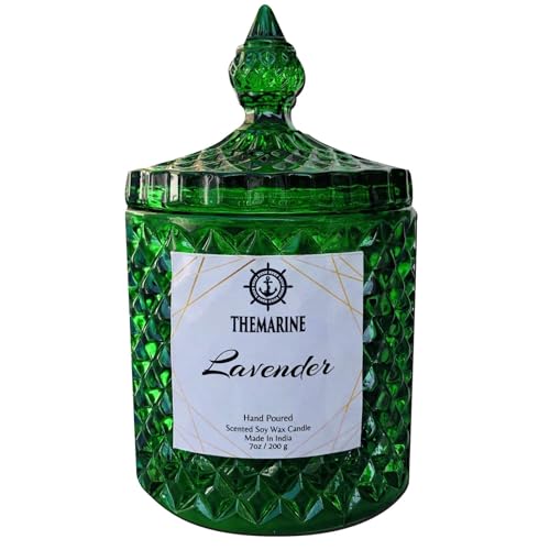 THEMARINE Lavender Scented Crystal jar Candle | Green Color | Natural Soy Wax | No Smoke Wick