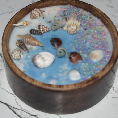 Bright Vela Ocean Wooden Bowl Candle(Theme), 100% Coconut Wax and Sea Shells with Natural Fragrance Oil. (Unscented)