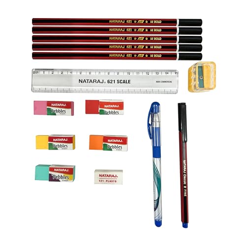 NATARAJ Writing Kit|5 Pencils|1 Filly Sharpener|1 Pouch of 5 Pebbles Erasers|1 Itip Gel Pen|1 Classic Ball Pen|1 15cm Scale|1 Pasto Eraser|Portable Kit|Academic Kit|Ideal for Gifting