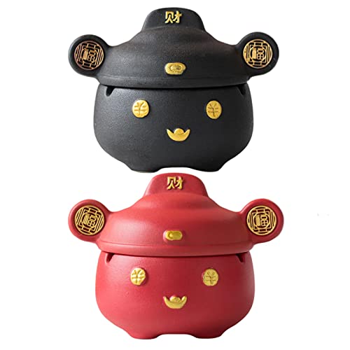 MYADDICTION Chinese God of Wealth Ashtray with Lid Feng Shui for Home Indoor Gift Black