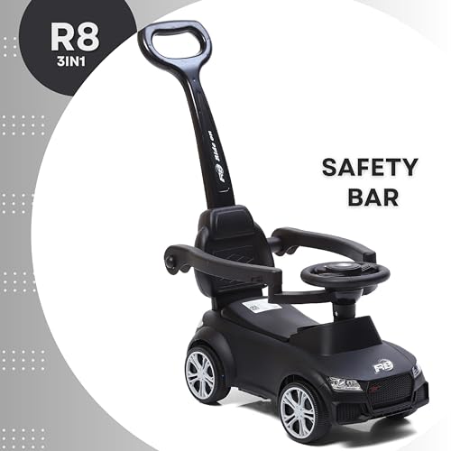 Fun Ride Car Ride On - R8 3-in-1 for Kids with Parent Handle, Music, Light, Backrest & Storage - 1 to 3 Years, Kids Indoor/Outdoor Toy Car for Boys and Girls- (Upto 20 Kg) (Black)