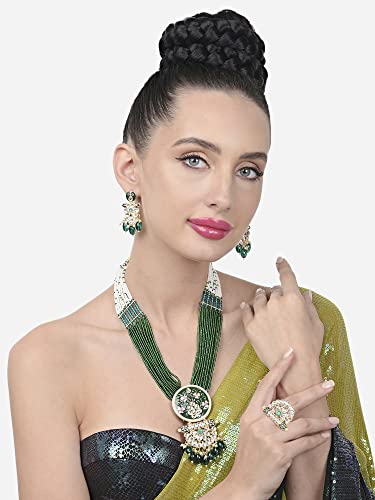 ZAVERI PEARLS Green Pink Meenakari Multistrand Beaded Long Kundan Necklace Earring & Ring Set For Women-ZPFK15624