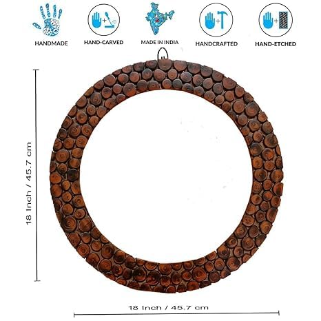 UNION ARTITION ARTS Handmade Wooden Antique Frame Round Wall-Mounted Mirror, Mirror for Bedroom, Bathroom, Living Room, Wall Basin, Study Room, Office, Brown (18" Inches Round, Framed)