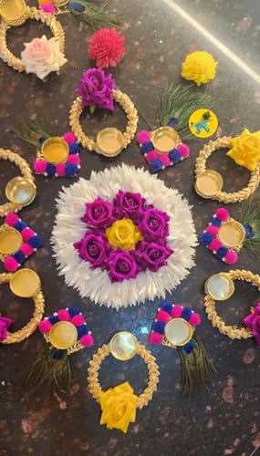 Sellplus Handmade Rangoli with Tealights Holder | Artificial Flower to Makes Design The Rangoli Patterns |Perfect for Pooja Festival | Ideal for Diwali Festival | Decorate for Home (Design 1)