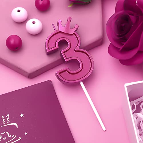 3 Inch Birthday Number Candle, 3D Number Candle with Crown Decor Large Cake Topper Number Candles for Birthday Cakes Wedding Anniversary Graduation Festival Party (Rose Red, 3)