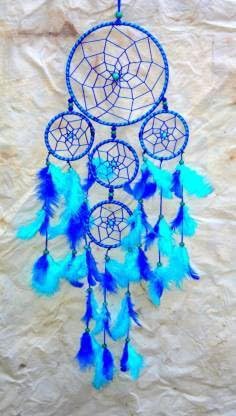 Blue 5 ring feng shui dream catcher ; size:6" ring Feather, Steel, Wool Windchime (21.6 inch, Blue) BZ_D1110