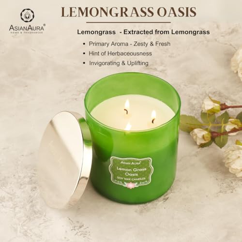 Asian Aura 3-Wick Soy Blend Aromatherapy Jar Candle | Smokeless Luxury Scented Candle for Home Decor, Events, Relaxation & Gifting | Long-Lasting Fragrance - Pack of 1 (Lemongrass)