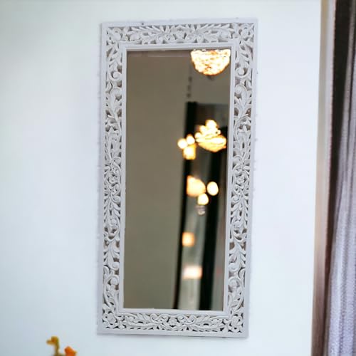 aesthetic decor (6x3 Wooden Carved Wall Mirror Frame Solid Wood, | with Out Mirror | Crown Pattern (White Distress)