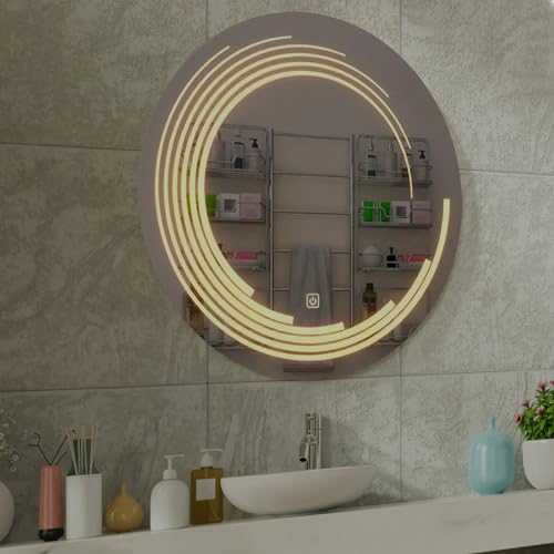 TINITALO Bathroom LED Mirror Home Mirror Wall Mirror with Touch Sensor, 3 Light Effects, Glass, Round LED-56 (24 x 24 Inch)