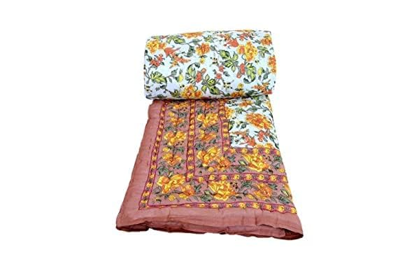 fashhub World Famous Jaipuri Light Weight Pure Cotton Traditional Rajasthani Print Multi Colour Single Bed Quilt/Razai Multi Flower