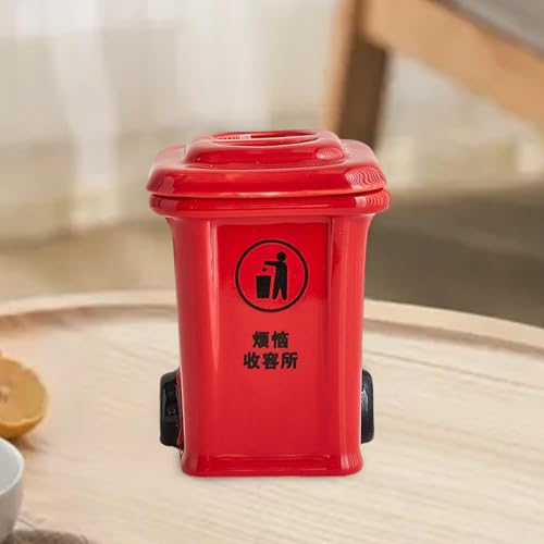 Mini Trash Can Shape Ash Holder Ceramic Portable for Living Room Office Desk Red