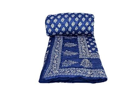 fashhub Cotton Gold Print Jaipuri Light Weight Double Bed Razai | Dark Blue Quilt (85" x 100")