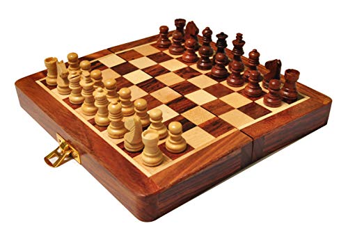 PALM ROYAL HANDICRAFTS Wooden Handmade Foldable Magnetic Chess Board Set with Magnetic Pieces and Extra Queens for Kids and Adults (7.5x7.5 Inches, Brown) Small