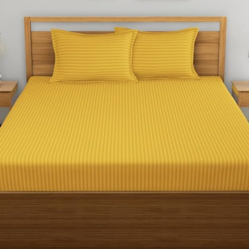 Cool Dealzz Cotton Satin Stripes Plain Bedsheet with Two Pillow Covers for Home, Hotels and Guest House (Color: Yellow -90X100 bedsheet and 17x27 Pillow Cover