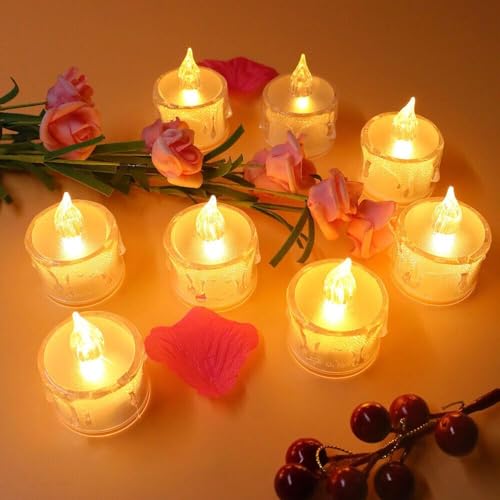 SWADEC 24 Pcs Flameless and Smokeless Decorative Crystal Candles Transparent Acrylic Led Tea Light Candle for Christmas Decoration (24 Pieces, Yellow, 5 cm)