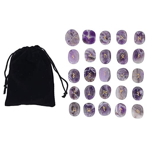 Stones Set, Natural Rune Stones Set Smoother Engraved Fine Polishing with Storage Bag for Gift (Amethyst)