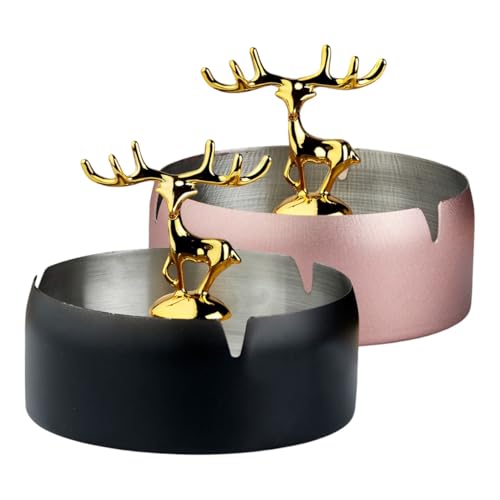 Ashtray,Moose Ashtray, Stainless Steel Home Ash Tray Set for Cigarettes, Cool Ashtray for Outside and Indoor Use, X-Large, Set of 2 - Black/Pink