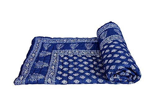 J SHREE Silver Gold Print Cotton Blue Jaipuri Single Bed Quilt Razai Dohar AC-Blanket,(55X85 Inches)