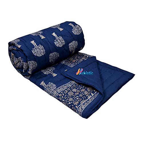 WOODSY Jaipuri Razai Rajasthani Traditional Soft Light Weight Pure Cotton Winter and Summer Rajai Ac Quilt Razai/Rajai/Quilt/Blanket/Dohar/Comforter (Double Bed, Blue Tree Golden)