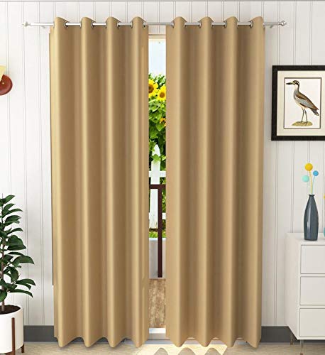 STAR DECOR 3 Piece Solid Blackout Plain Faux Silk Eyelet Curtain -100% Opaque - 5 feet Window, Golden [3 Piece]