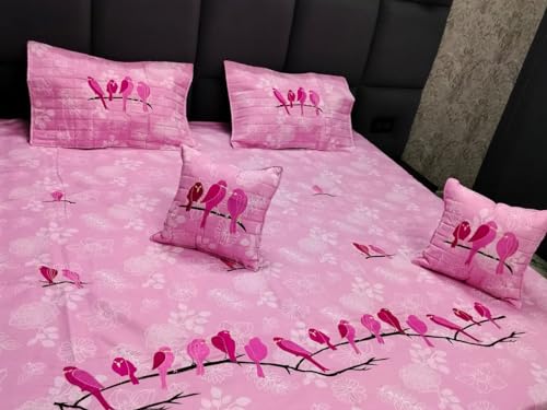 SHEYMOIL Presents Birds Patch Designer Cotton Double Bedsheet for Couples with 2 Pillow Cover and 2 cusions (Pink)