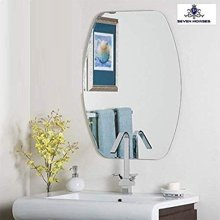 SEVEN HORSES Frameless D-Shape Bevelled Wall Mirror for Dressing,Bedroom,Bathroom, Living Room,Entrance and Makeup Mirror (14 inches X 20 inches)