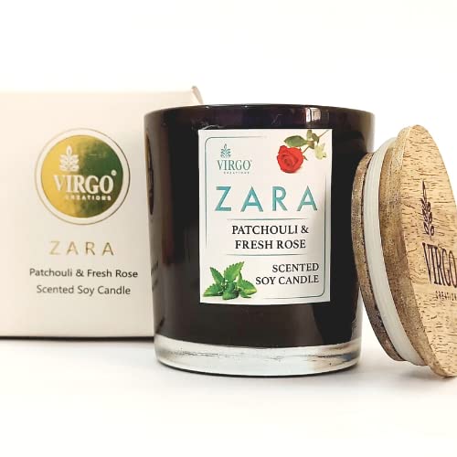 Virgo Creations Zara Glass Jar Candle, Soy Wax Patchouli-Fresh Rose Fragrance, Glossy Black Glass Jar Candle with Metal Lid, Aromatherapy Décor Gifts, Jar Size 7x7x8 cm, Pack of 1