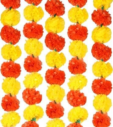 Calveir Genda Phool Artificial Marigold Fluffy Flower/Genda Phool Garlands String For Diwali, Navratri, Durga Pooja Festival Office Decoration 5 Feet (Ramdom, 15)