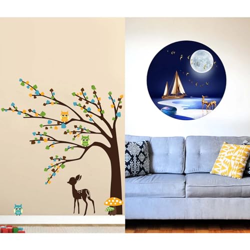 WALLBOOK Set of 2 Wall Stickers Brown Tree Cute Animals | Full Moon with Bot for Home, Hall, Bedroom, Livingroom & Kitchen