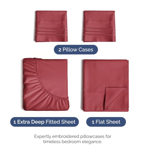 Extra Deep Pocket Full Sheets - 4 Piece Breathable & Cooling Bed Sheets - Hotel Luxury Bed Sheet Set - Soft, Wrinkle Free & Comfy - Easily Fits Extra Deep Mattresses - Deep Pocket Burgundy Sheets Set