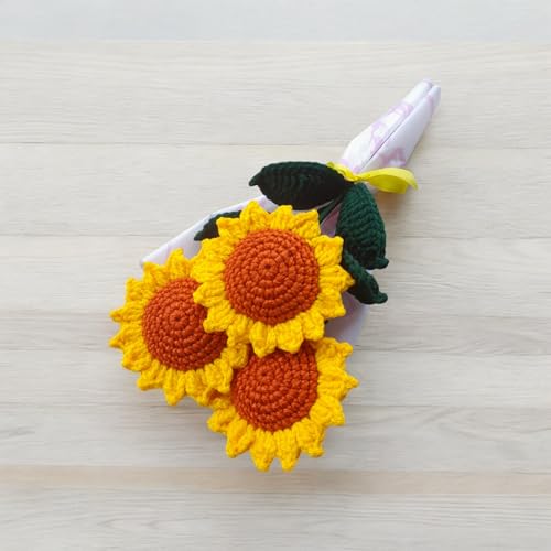 Crochet Sunflower Bouquet ~ Fully Handmade Artificial Flower Used 100% Acrylic Yarn ~ This Forever Flower Best Gift for Birthday, Anniversary, Wedding…